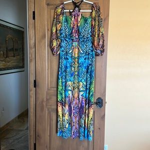 Beautiful vibrant color print dress.  Sleeves worn off shoulder